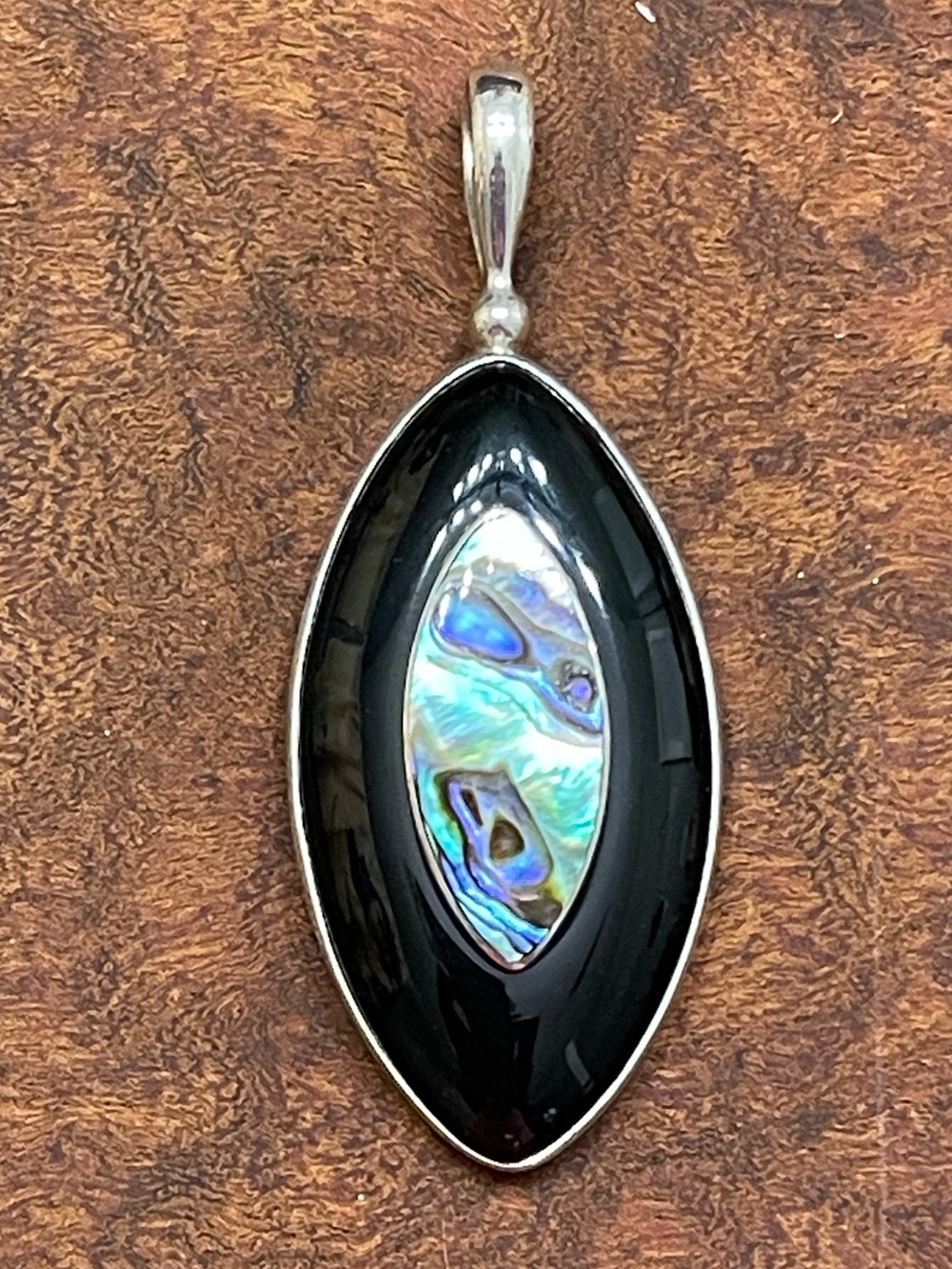 Vintage rare Sajen marquis pendant Onyx and Abalone 925 sterling silver bohemian
